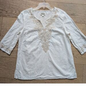 Norm Thompson Embroidered Linen Blend Top Cream Beige Petite Medium PM Boho‎